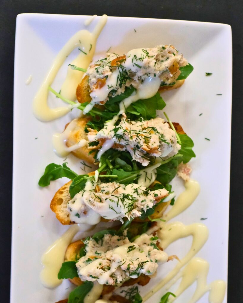 smoked trout crostini appetizer served at the marina restaurant in brattleboro