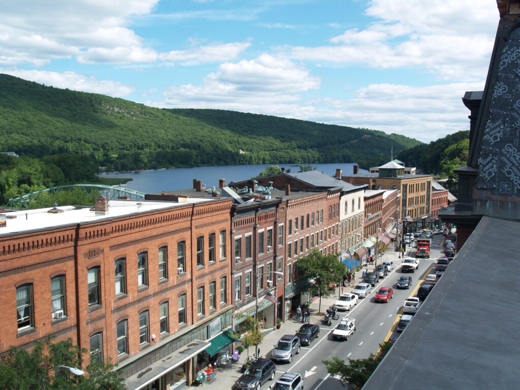 View of brattleboro vermont's main street downtown from a rooftop