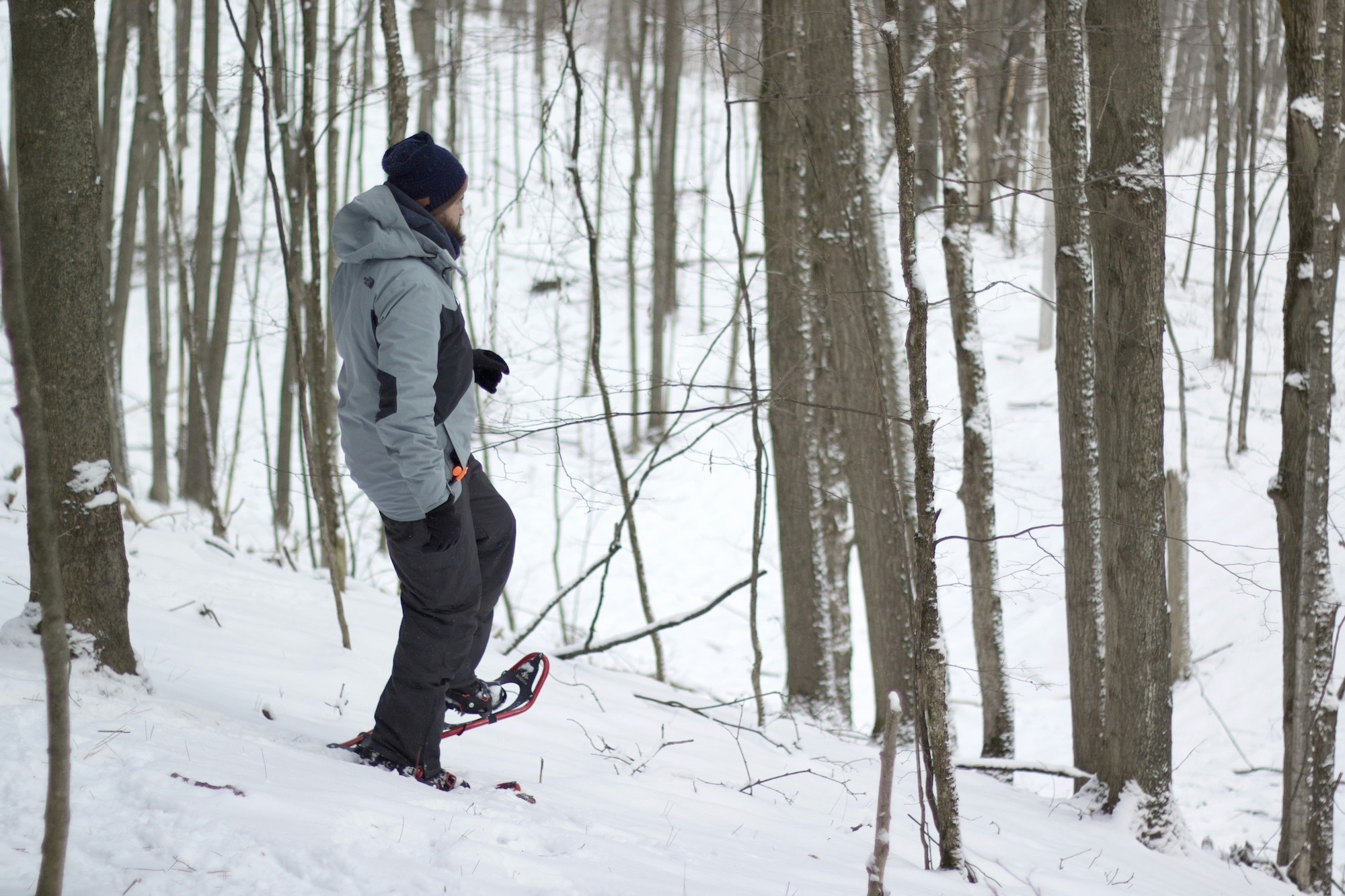 woman snowshoeing in the woods of vermont